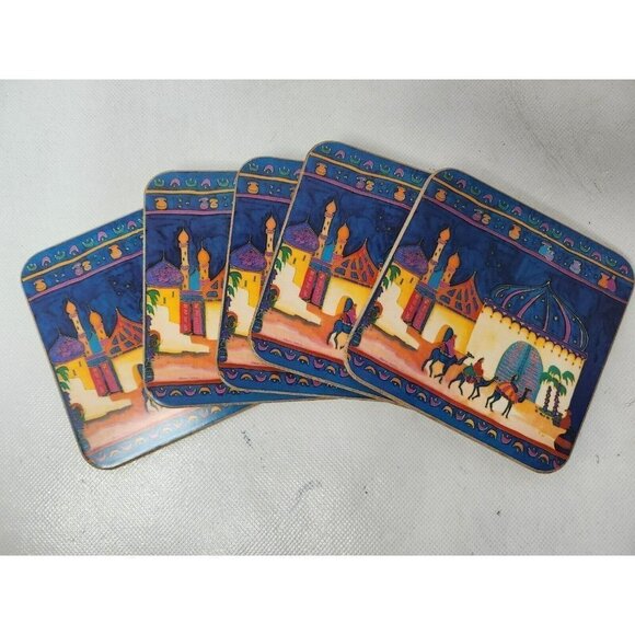 Vintage egyptian people on camel set of five square cork coasters hand painted - Picture 1 of 5
